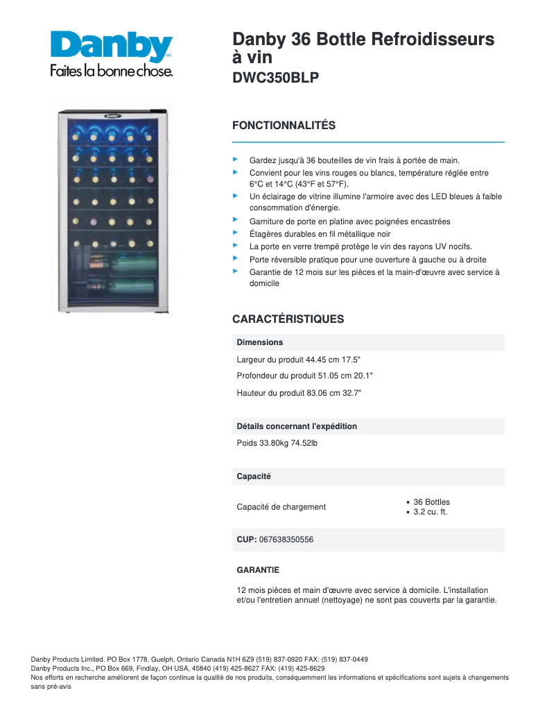 Page 1 de la notice Fiche technique Danby DWC350BLP