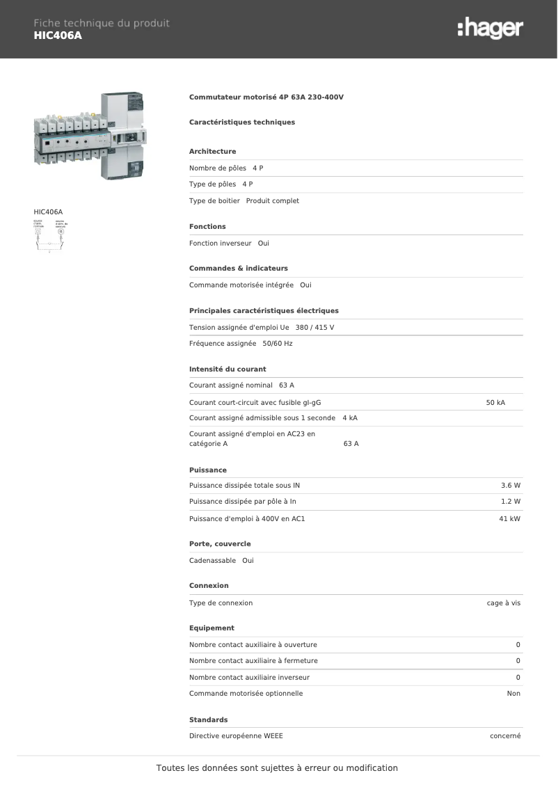 Page 1 of the manual Technical Sheet Hager HIC406A