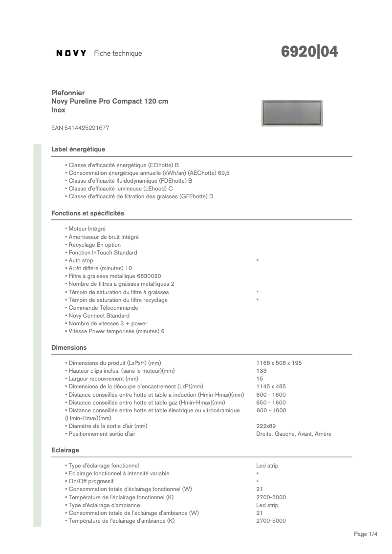 Page 1 de la notice Fiche technique Novy Pureline Pro Compact 6920