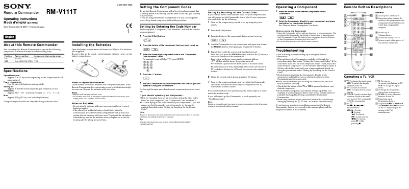 Page 1 of the manual User Manual Sony RM-V111T