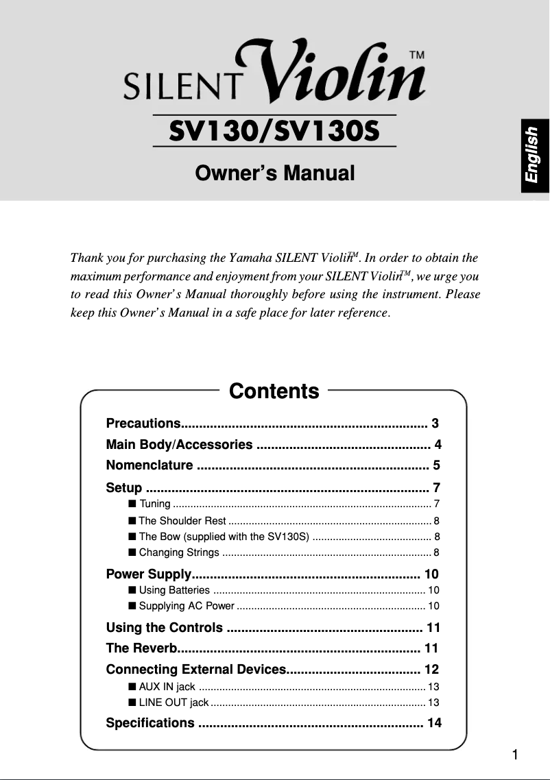 Page 1 de la notice Manuel utilisateur Yamaha Silent Violin SV130S