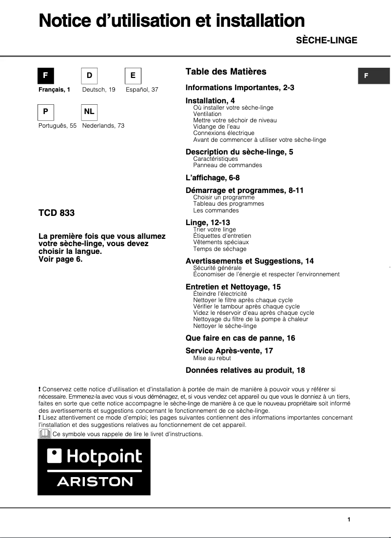 Page 1 of the manual User Manual Hotpoint TCD 833 6P/Z1