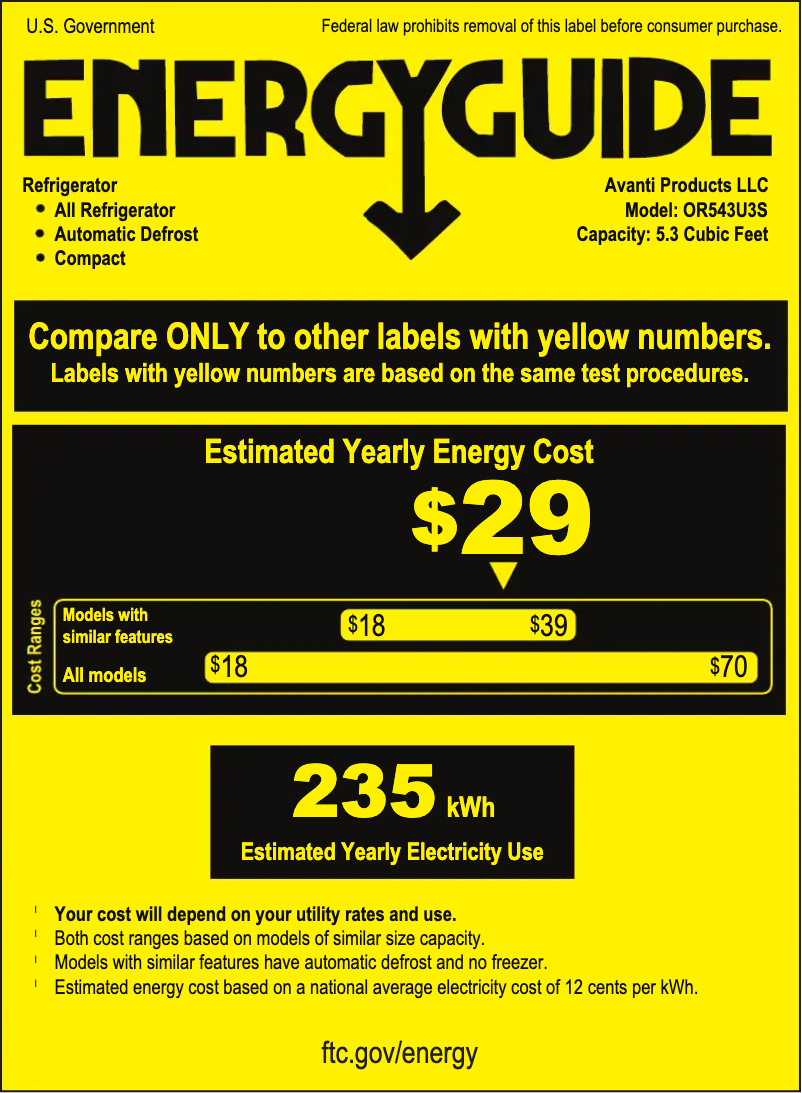 Page 1 de la notice Label énergétique Avanti OR543U3S