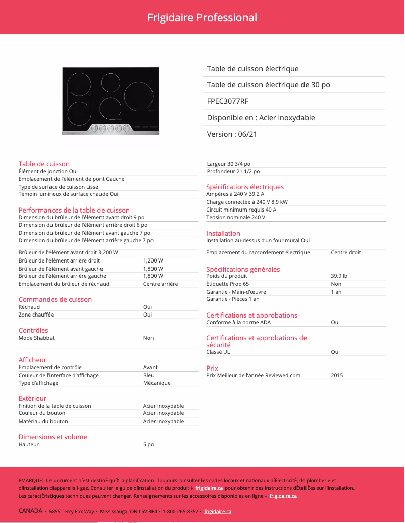 Page 1 de la notice Fiche technique Frigidaire FPEC3077RF