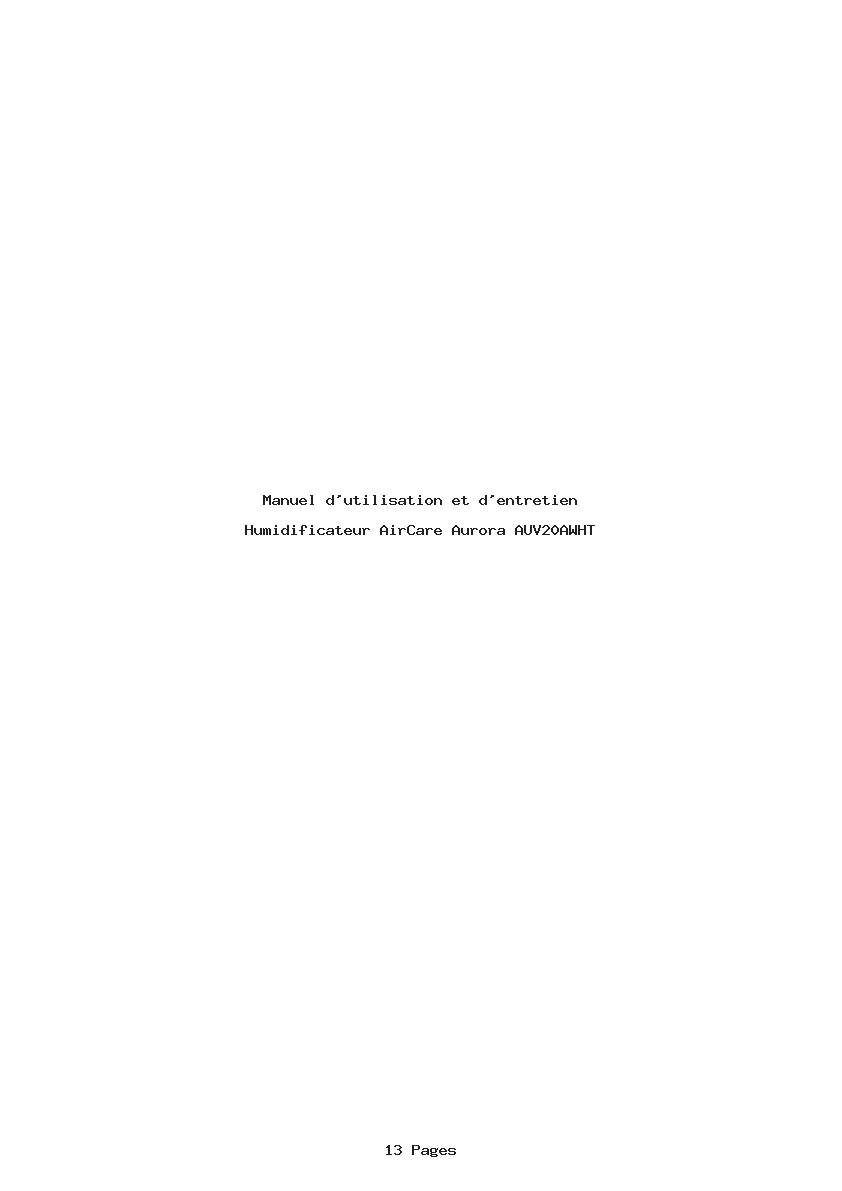 Page 1 de la notice Manuel d'utilisation et d'entretien AirCare Aurora AUV20AWHT