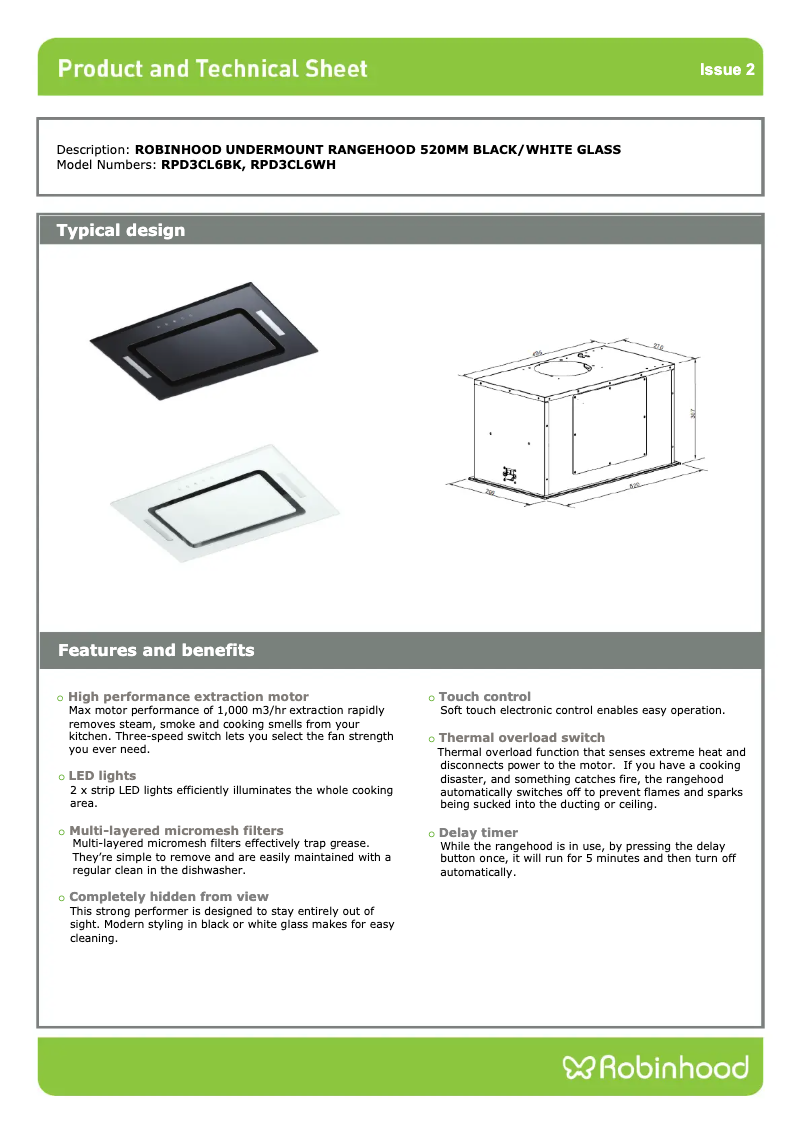 Page 1 de la notice Fiche technique Robinhood RPD3CL6BK