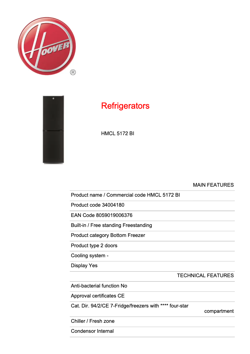 Page 1 de la notice Manuel utilisateur Hoover HMCL 5172 BI