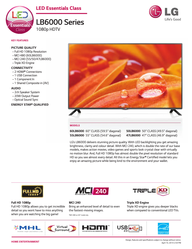 Page 1 de la notice Fiche technique LG 55LB6000