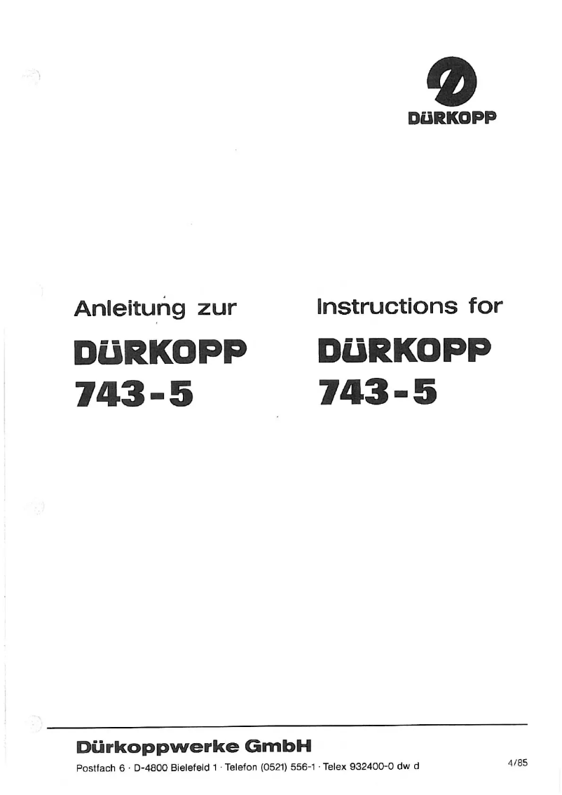 Page 1 of the manual User Manual Dürkopp Adler 743-5