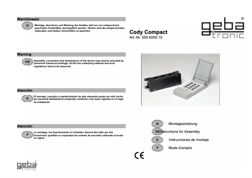 Page 1 de la notice Manuel utilisateur Geba Tronic Cody Compact
