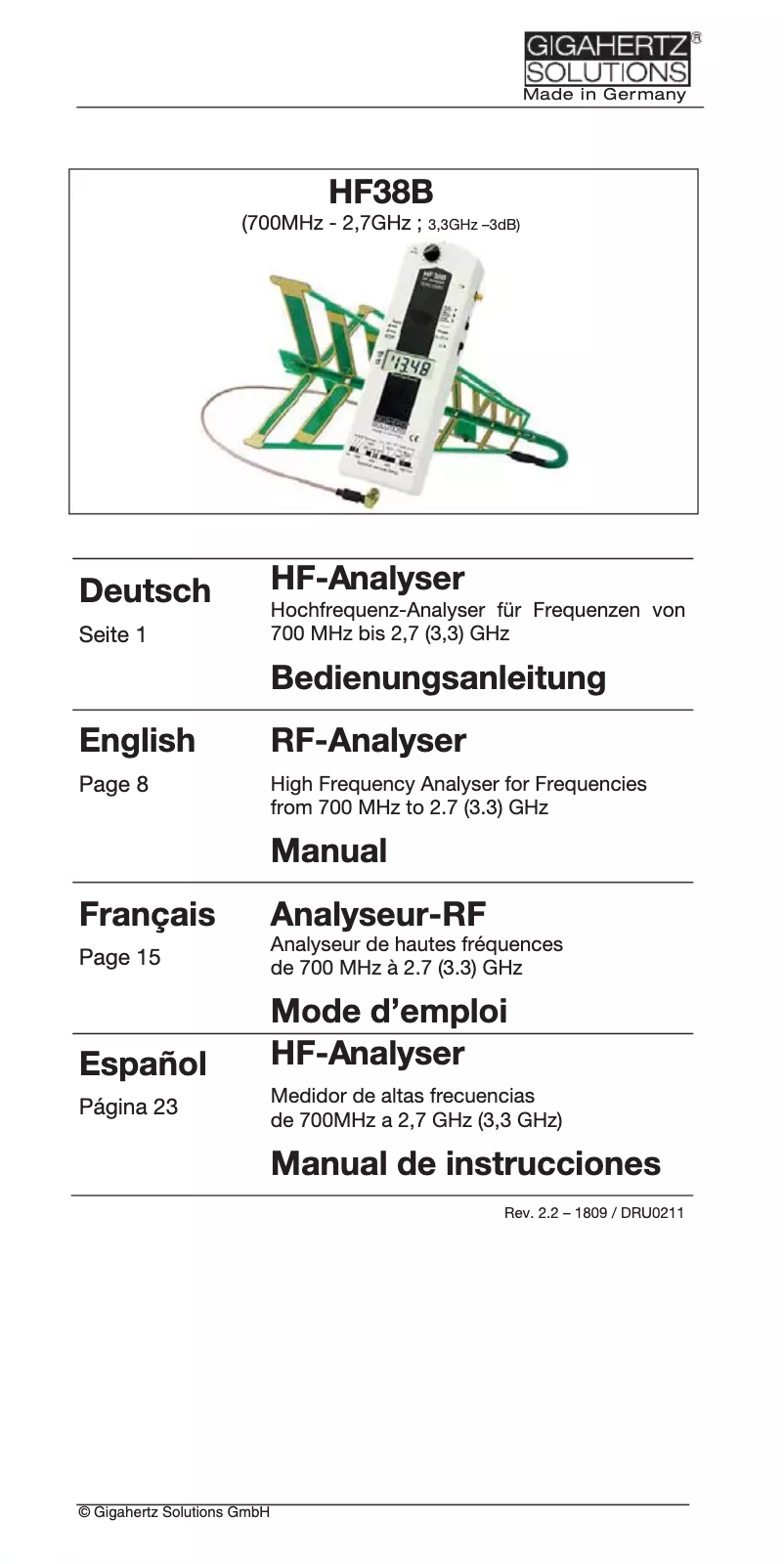 Page 1 de la notice Manuel utilisateur Gigahertz Solutions HF38B