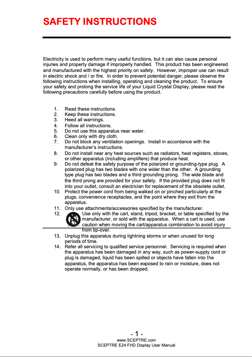 Page 1 de la notice Manuel utilisateur Sceptre E248W-19203RS