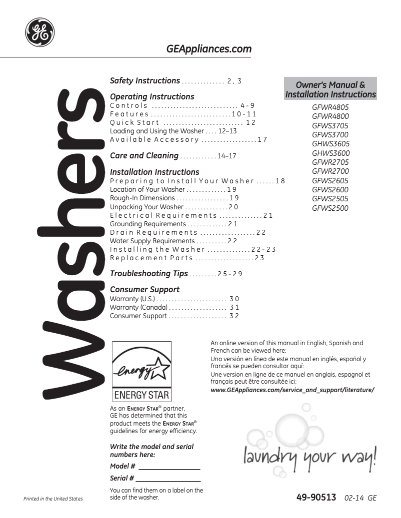 Page n°1 - Manuel utilisateur GE GFWS2605