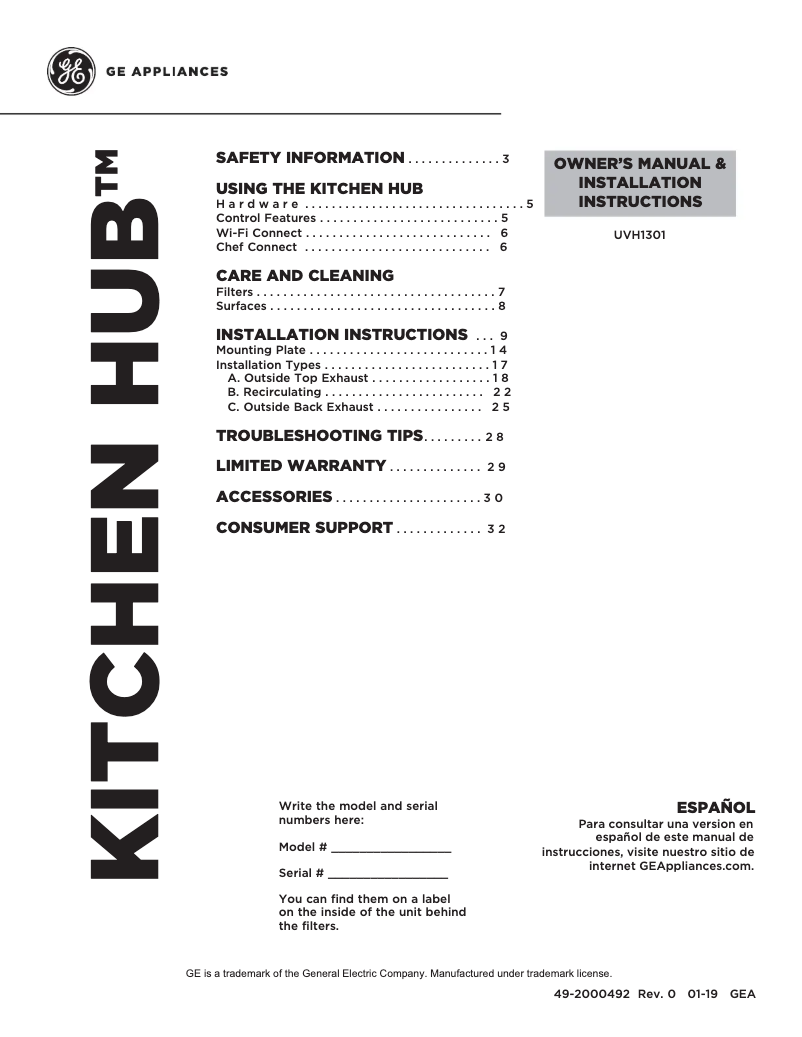 Page n°1 - Manuel utilisateur GE UVH13014MWM