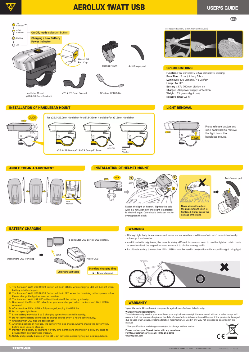 Page 1 de la notice Manuel utilisateur Topeak AeroLux