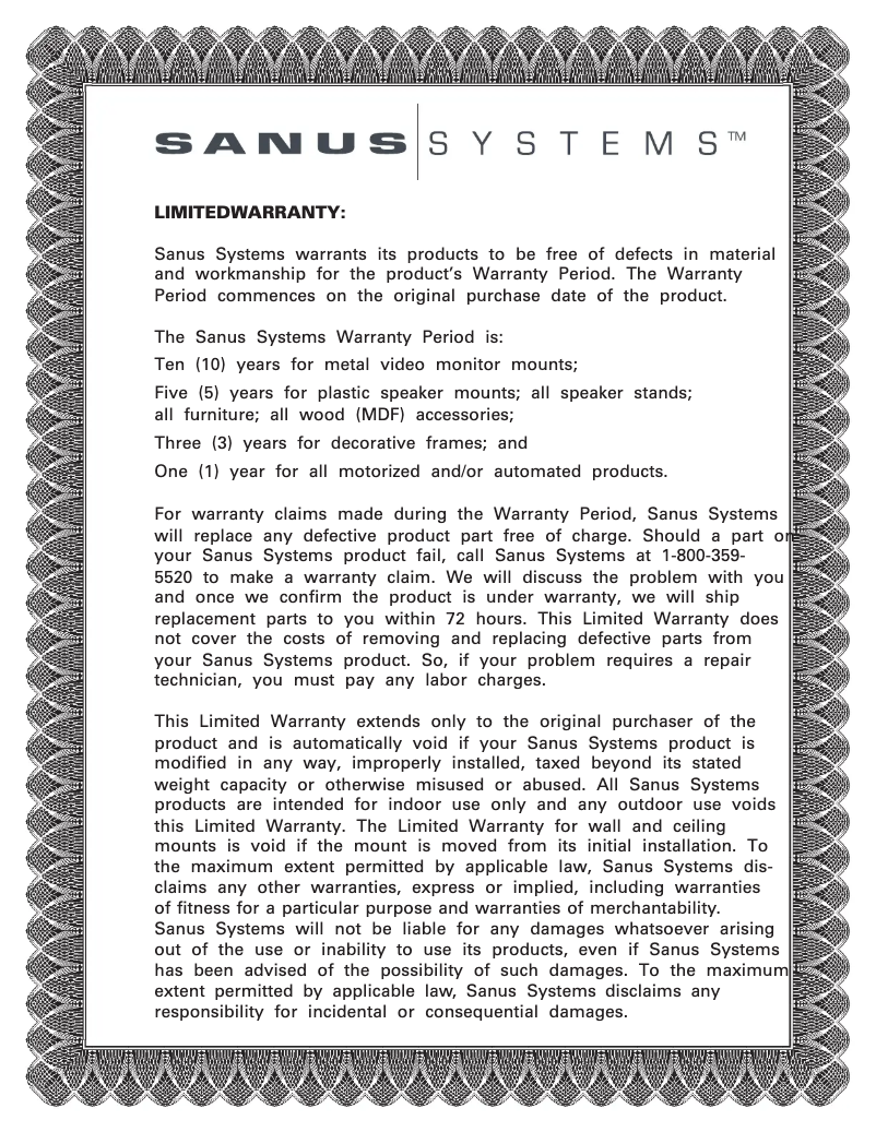 Page 1 de la notice Informations de garantie Sanus VisionMount MC1A