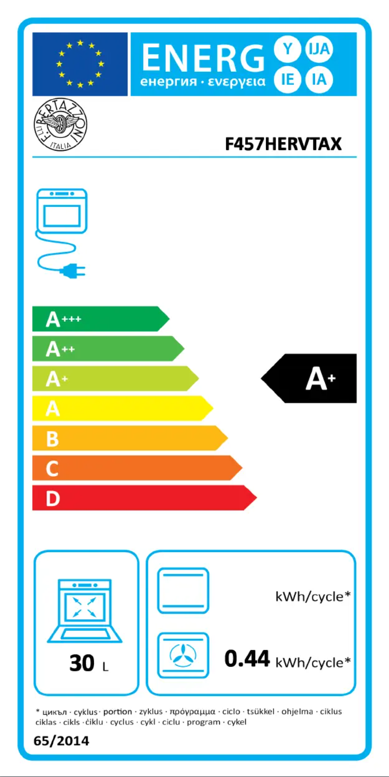 Page 1 de la notice Label énergétique Bertazzoni F457HERVTNE