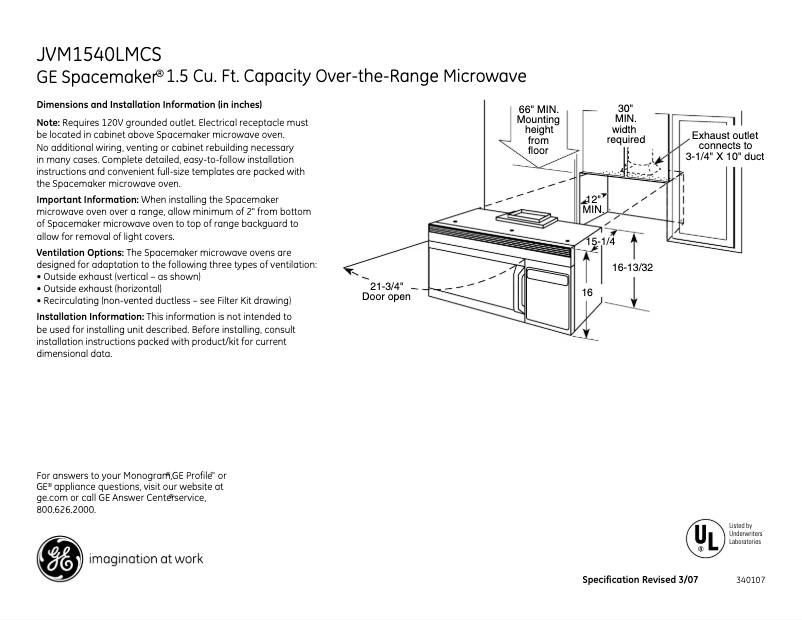 Page 1 of the manual Technical Sheet GE JVM1540LMCS