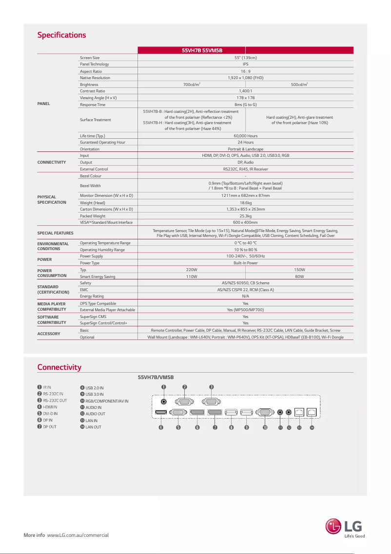 Page 1 de la notice Fiche technique LG 55VH7B