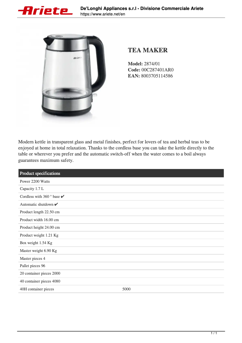 Page 1 of the manual Technical Sheet Ariete 2874