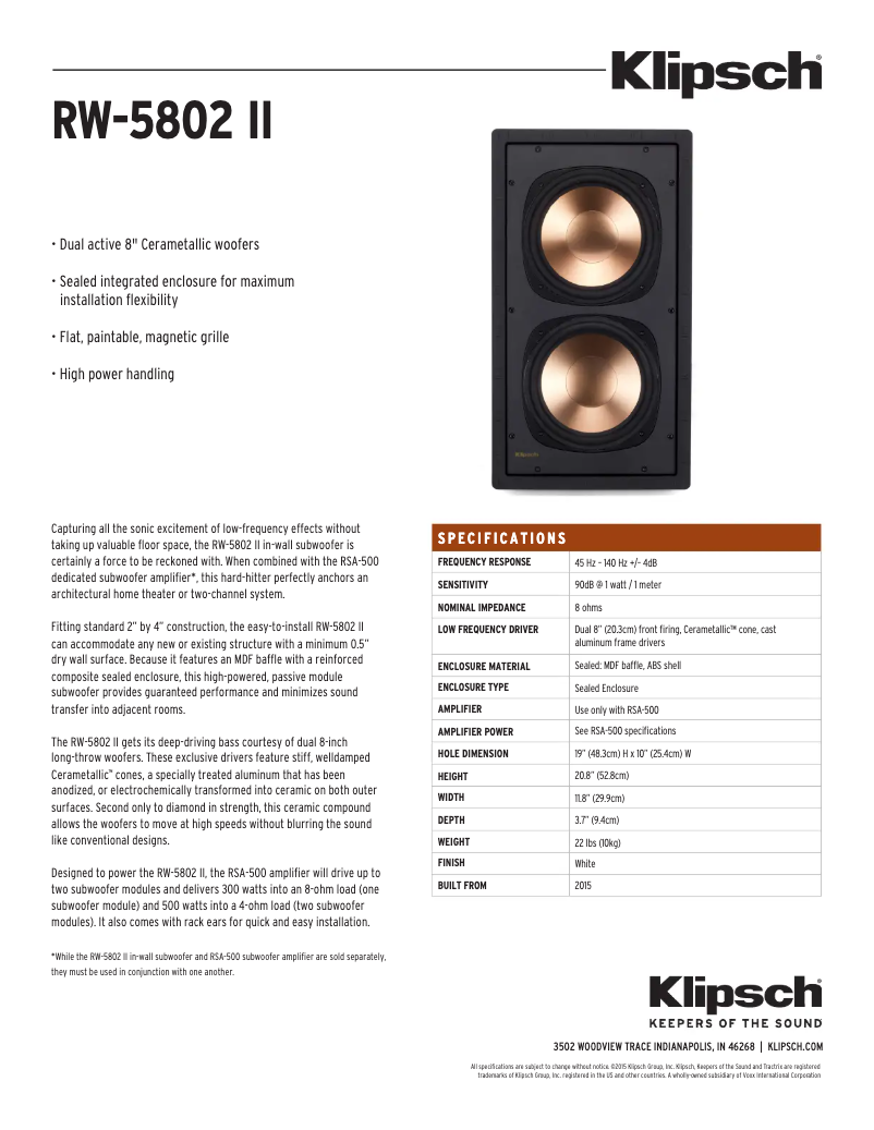 Page 1 de la notice Fiche technique Klipsch Reference RW-5802 II