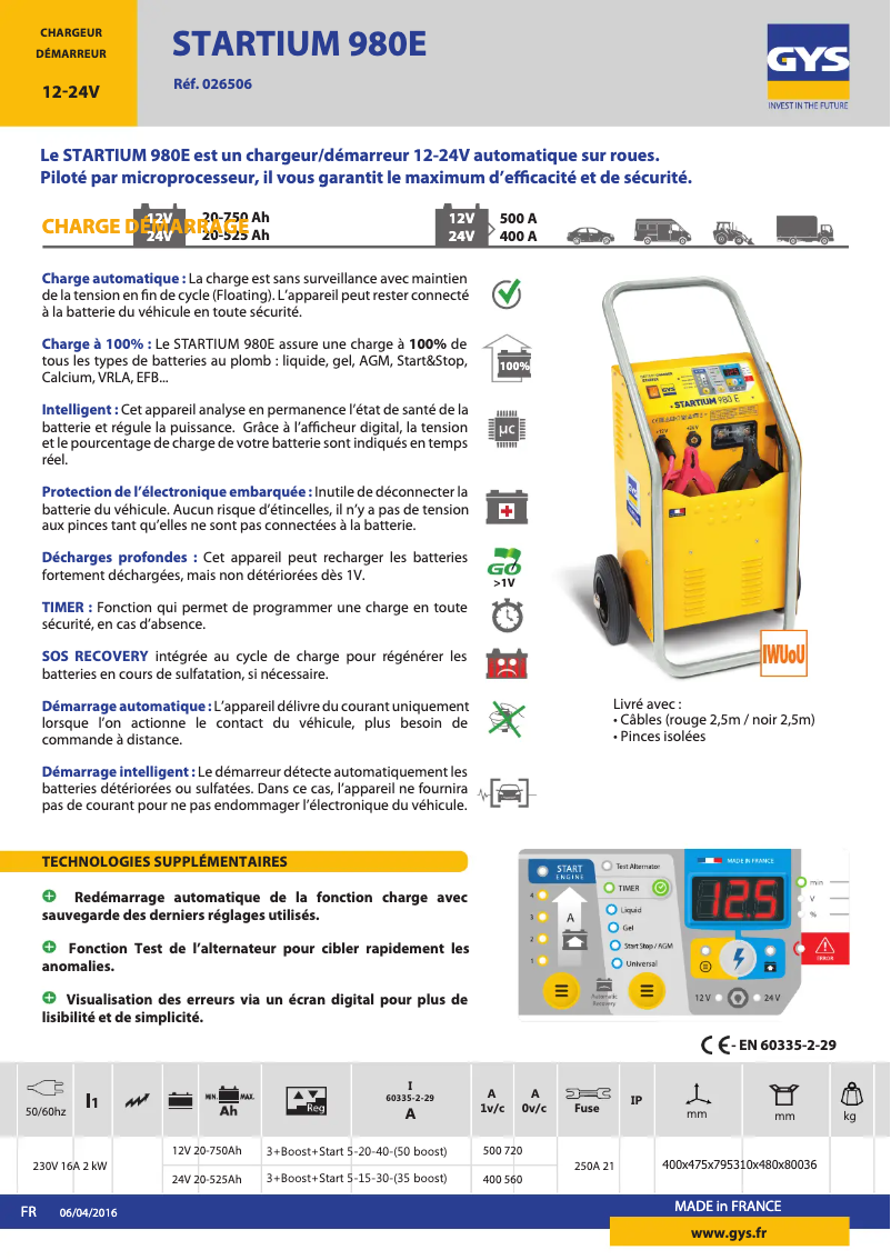Page 1 de la notice Fiche technique GYS Startium 980E