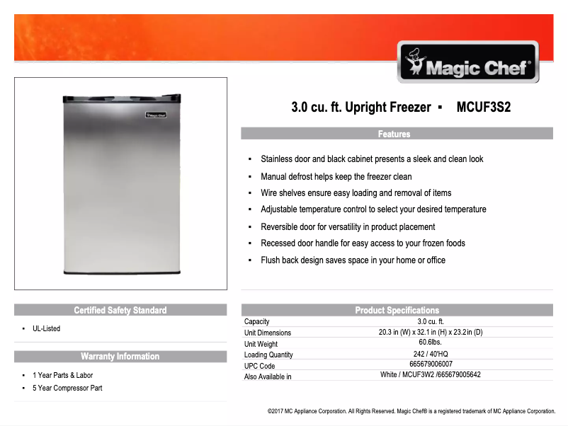Page 1 de la notice Fiche technique Magic Chef MCUF3S2