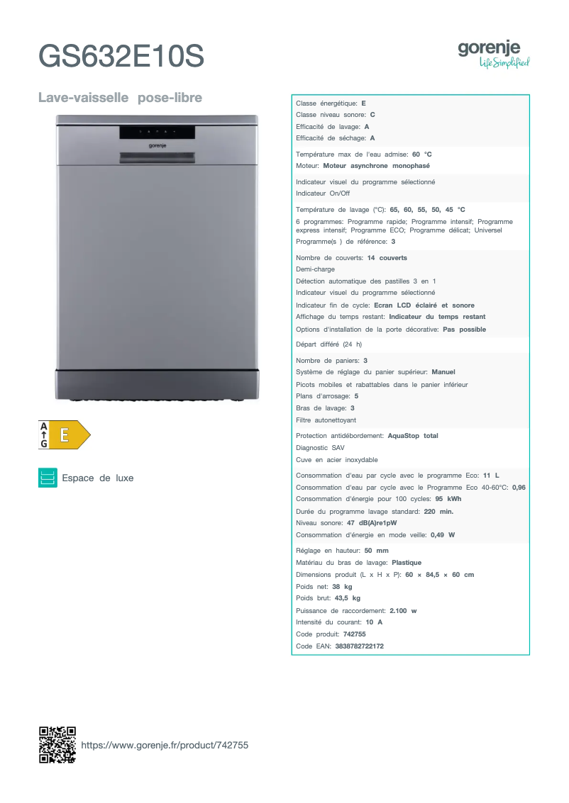 Página 1 del manual Ficha técnica Gorenje GS632E10S