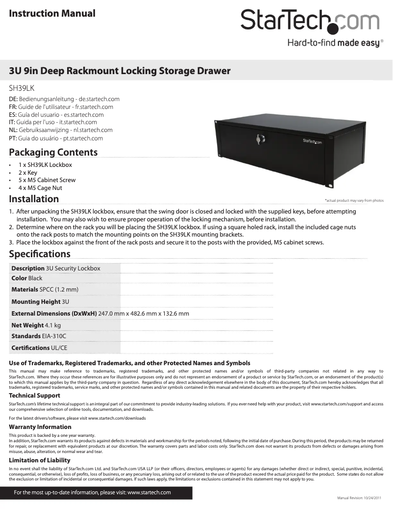 Page 1 de la notice Manuel utilisateur StarTech.com SH39LK