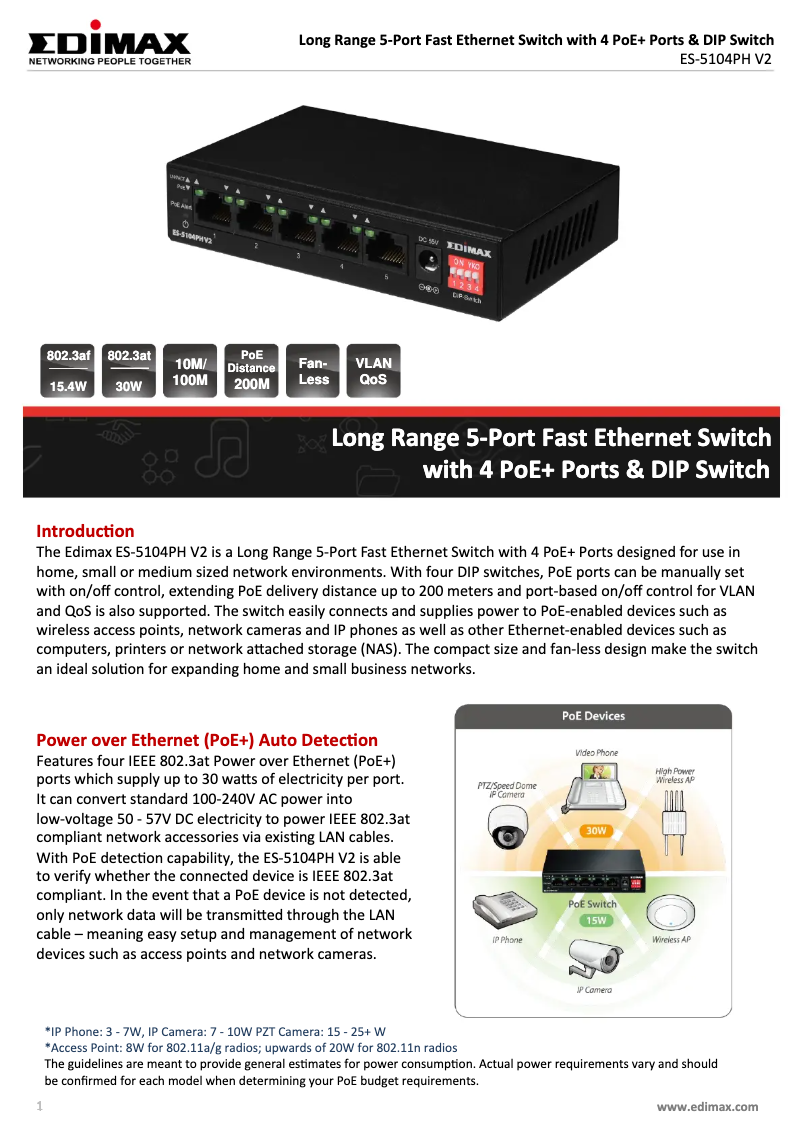 Page 1 de la notice Fiche technique Edimax ES-5104PH V2
