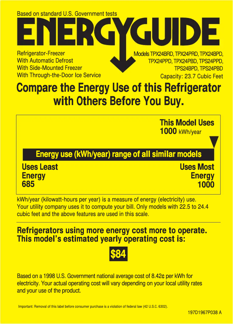 Page 1 of the manual Energy Label GE Profile Performance TPX24PPDAA