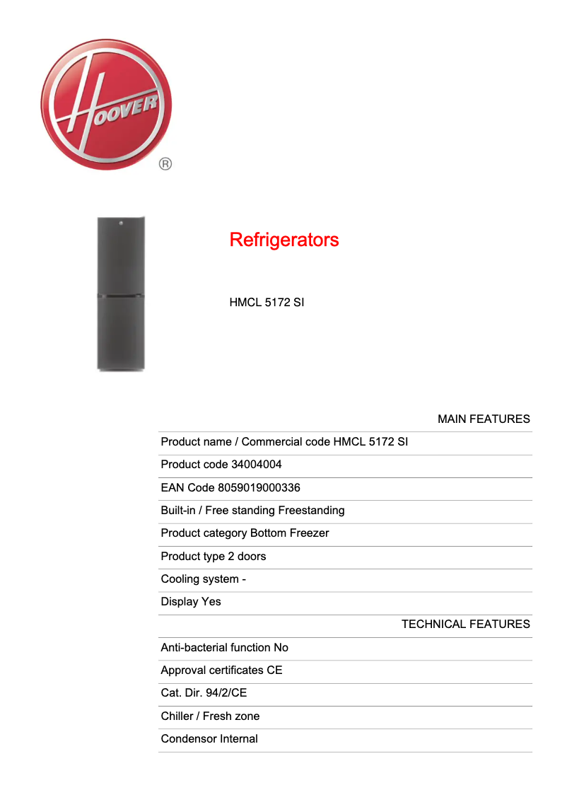 Page 1 de la notice Fiche technique Hoover H-FRIDGE 300 HMCL 5172 SI