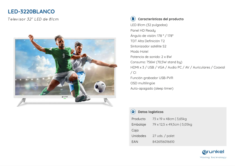 Page 1 de la notice Fiche technique Grunkel LED-3220BLANCO