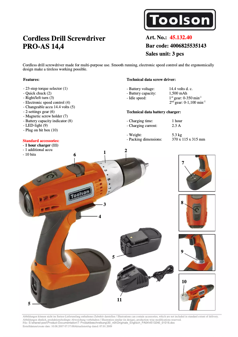 Page 1 de la notice Manuel utilisateur Toolson PRO-AS 14,4 Li-ion