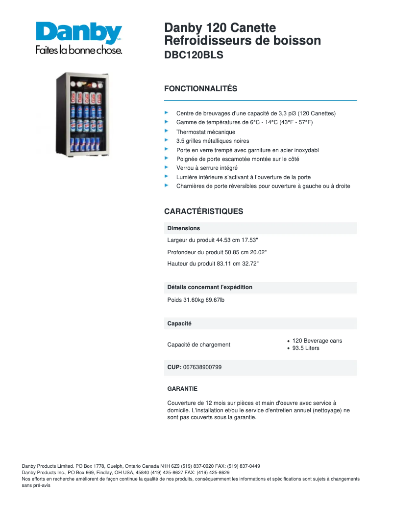 Page 1 de la notice Fiche technique Danby DBC120BLS