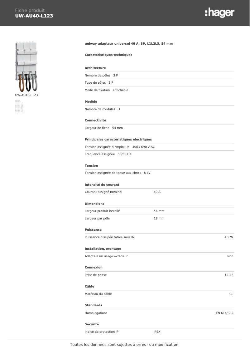 Page 1 de la notice Manuel utilisateur Hager UW-AU40-L123