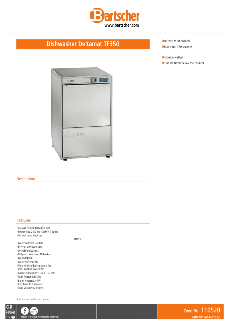 Page 1 de la notice Fiche technique Bartscher Deltamat TF 350