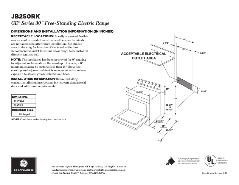 Page n°1 - Fiche technique GE JB250RKSS