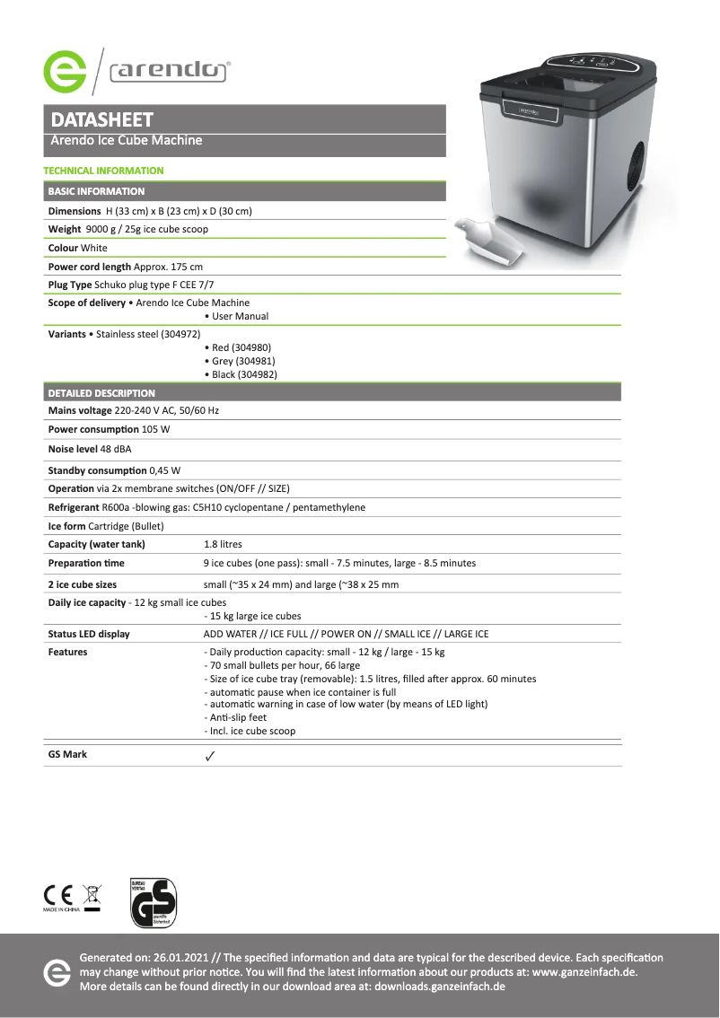 Página 1 del manual Ficha técnica Arendo 304982