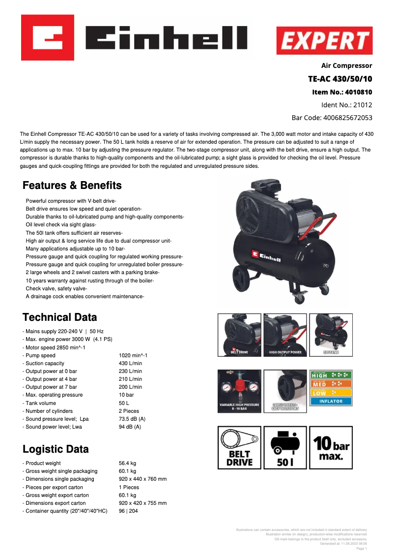 Page 1 de la notice Fiche technique Einhell TE-AC 430/50/10