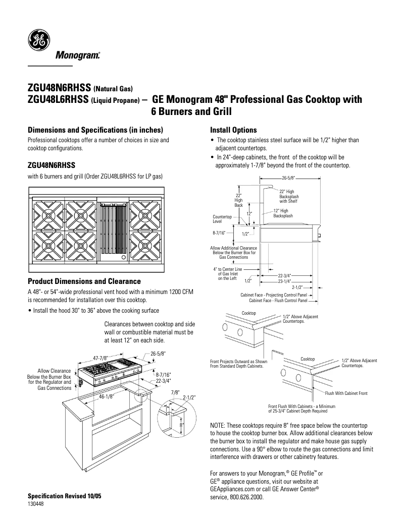 Page 1 of the manual Technical Sheet GE ZGU48L6RHSS