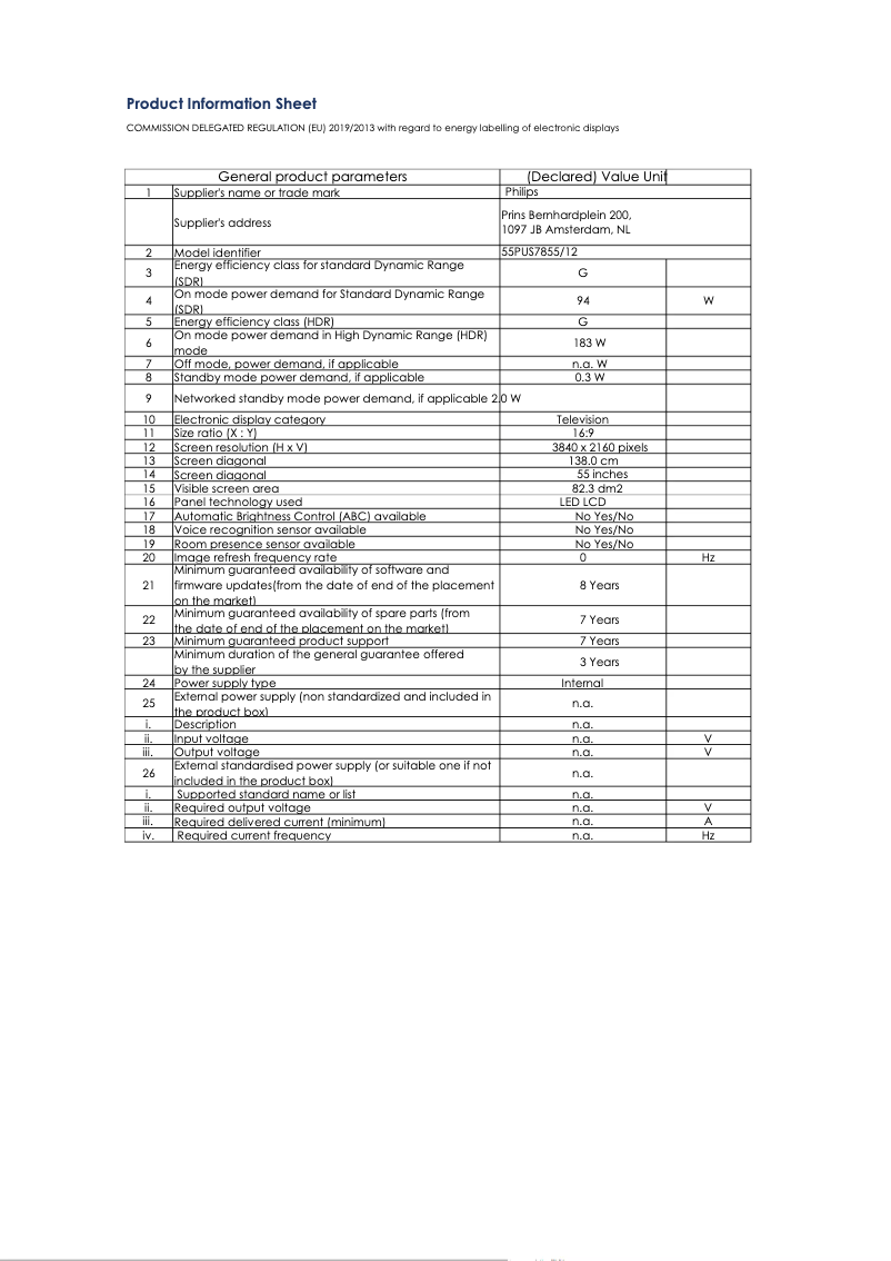 Page 1 of the manual Technical Sheet Philips 55PUS7855
