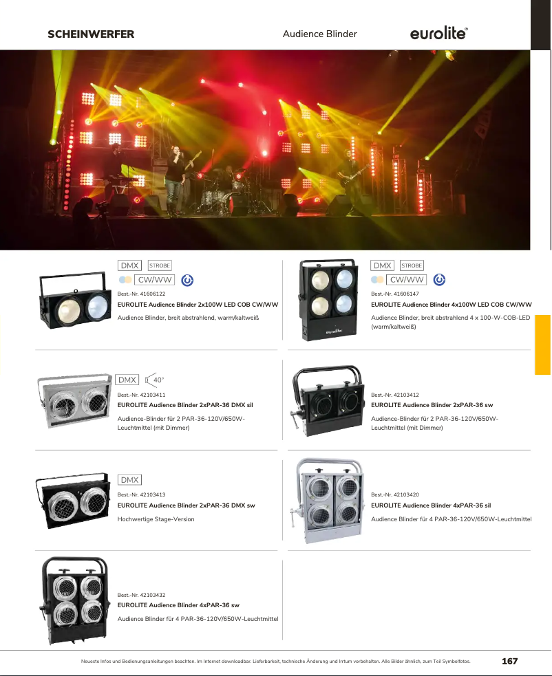 Page 1 de la notice Catalogue Eurolite Audience Blinder 2x100W LED COB CW/WW