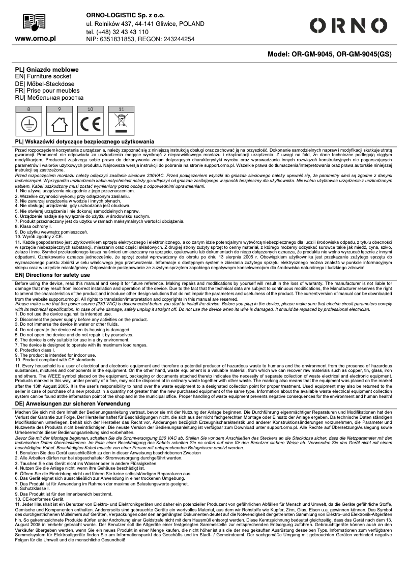 Page 1 de la notice Manuel utilisateur ORNO OR-GM-9045