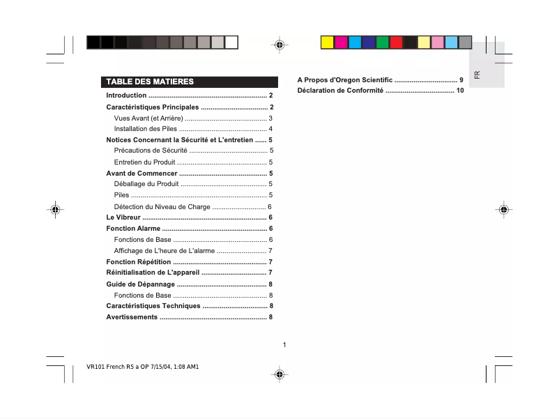 Page 1 de la notice Manuel utilisateur Oregon Scientific VR101