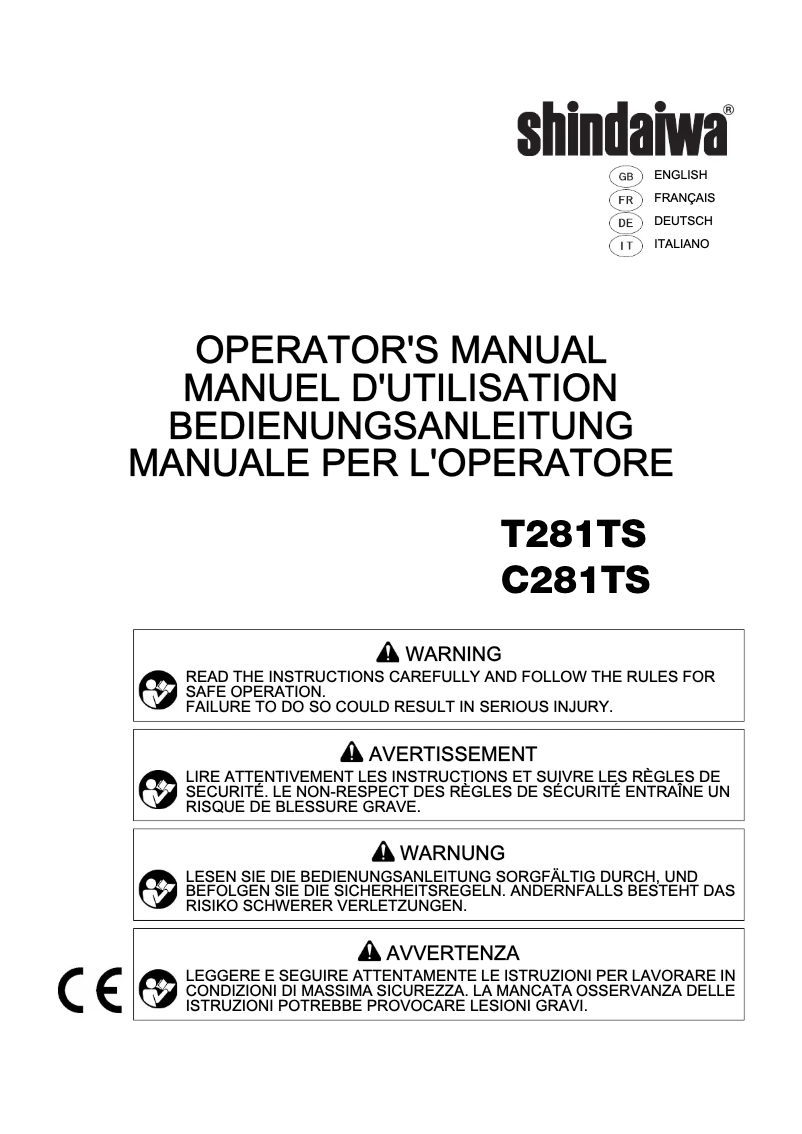 Page 1 de la notice Manuel utilisateur Shindaiwa T281TS