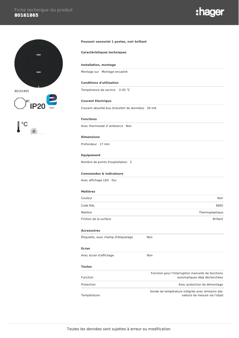 Page 1 de la notice Fiche technique Hager 80161865