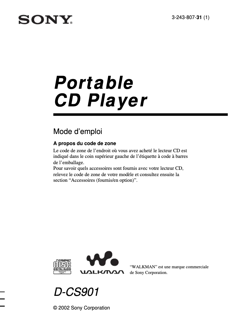 Page 1 de la notice Manuel utilisateur Sony D-CS901