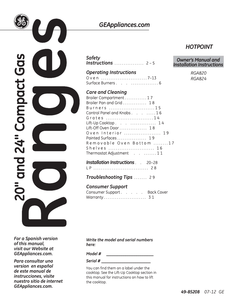 Page 1 de la notice Instructions / montage Hotpoint RGA824DEDWW