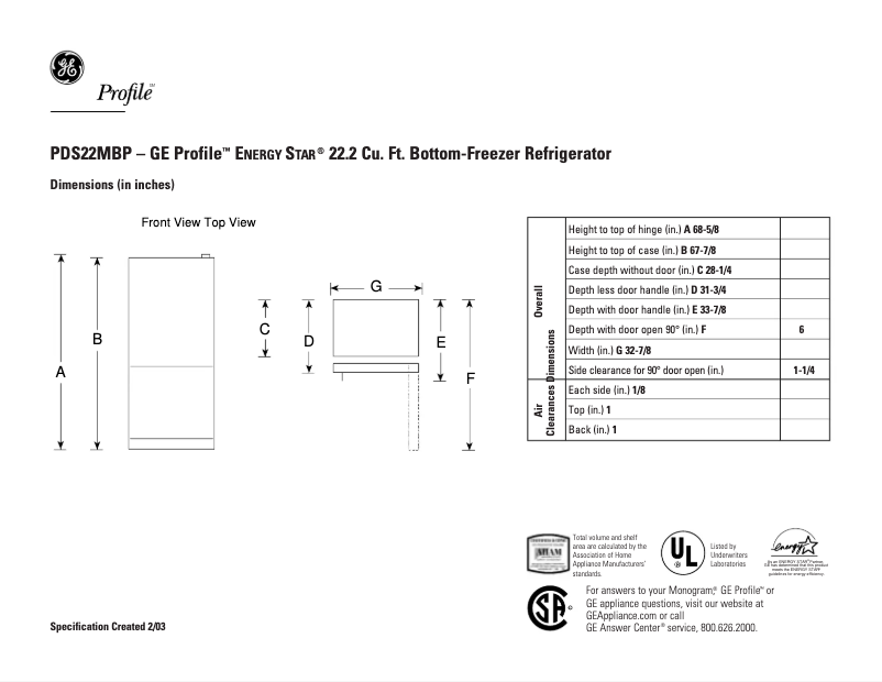 Page 1 de la notice Fiche technique GE Profile PDS22MBPWW